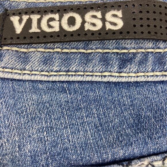 Classic Fit Vigoss Boot Cut Distress Jeans w Rhinestone Thick Embellish pockets - Picture 8 of 16